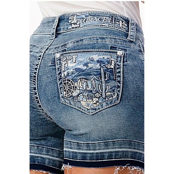 Grace in LA Women's Western Cactus Embroidered Stretch Denim Jean Shorts
